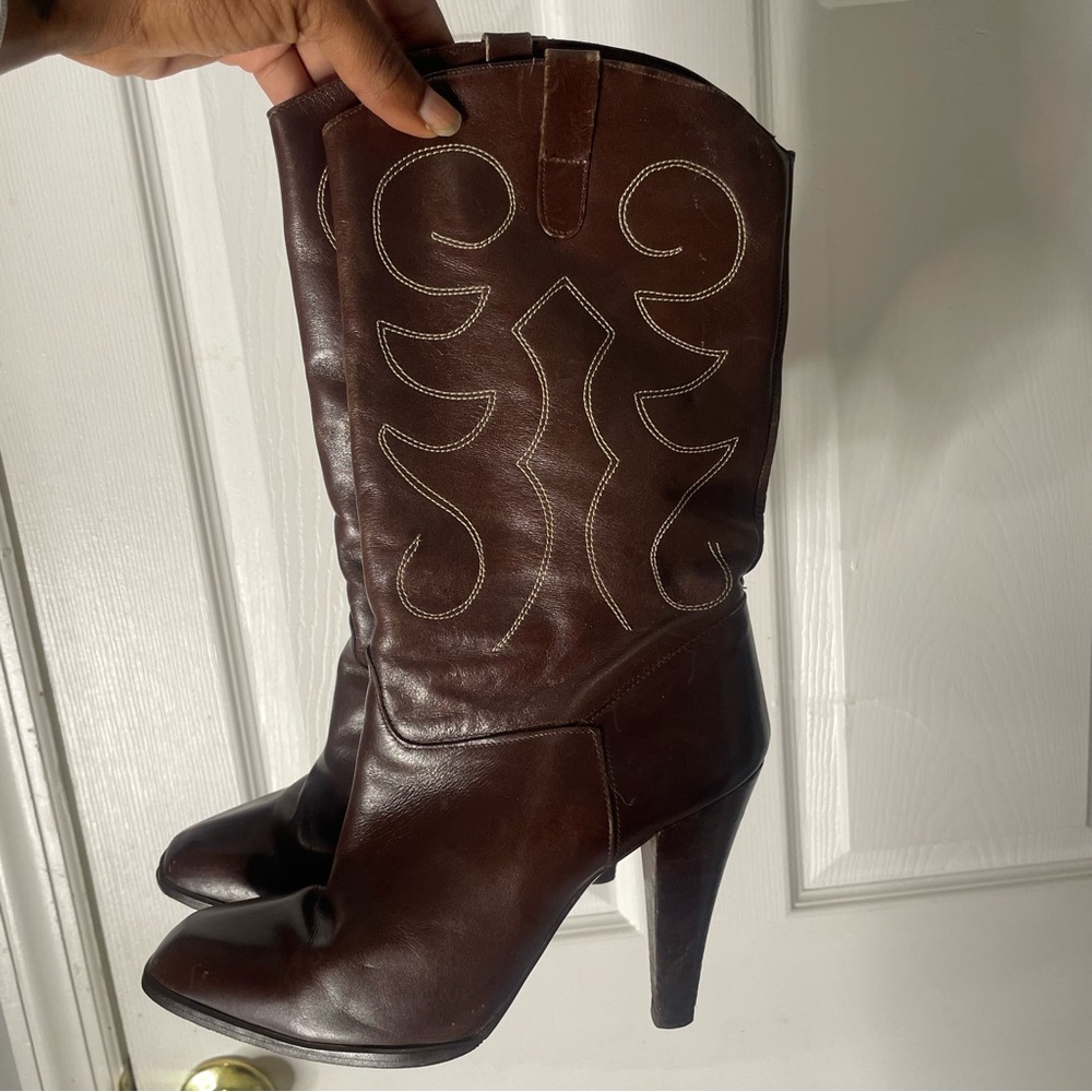 Women's Brown Leather Western-Heel Boots